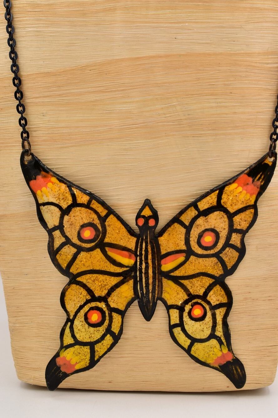 Vintage West Germany Enamel Metal Butterfly Necklace Huge Statement Pendant Bin2